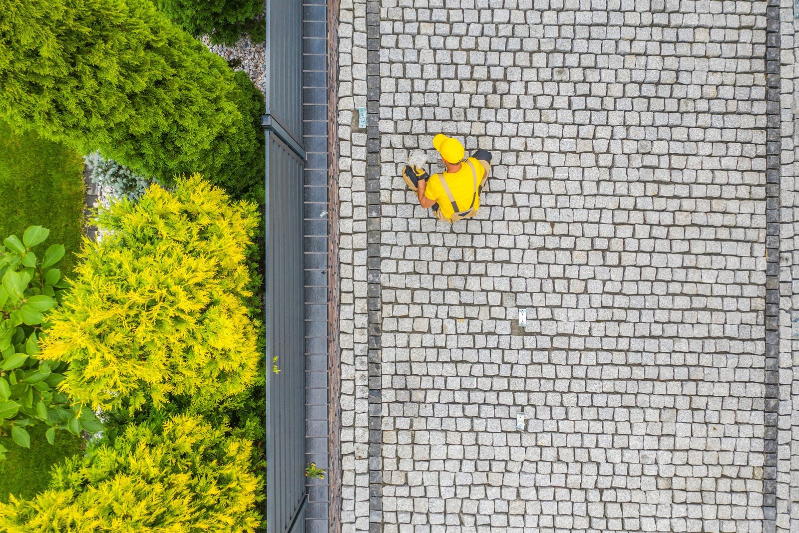 Residential Bricks Driveway Building. Caucasian Construction Worker Finishing Granite Decorative Brick Road.